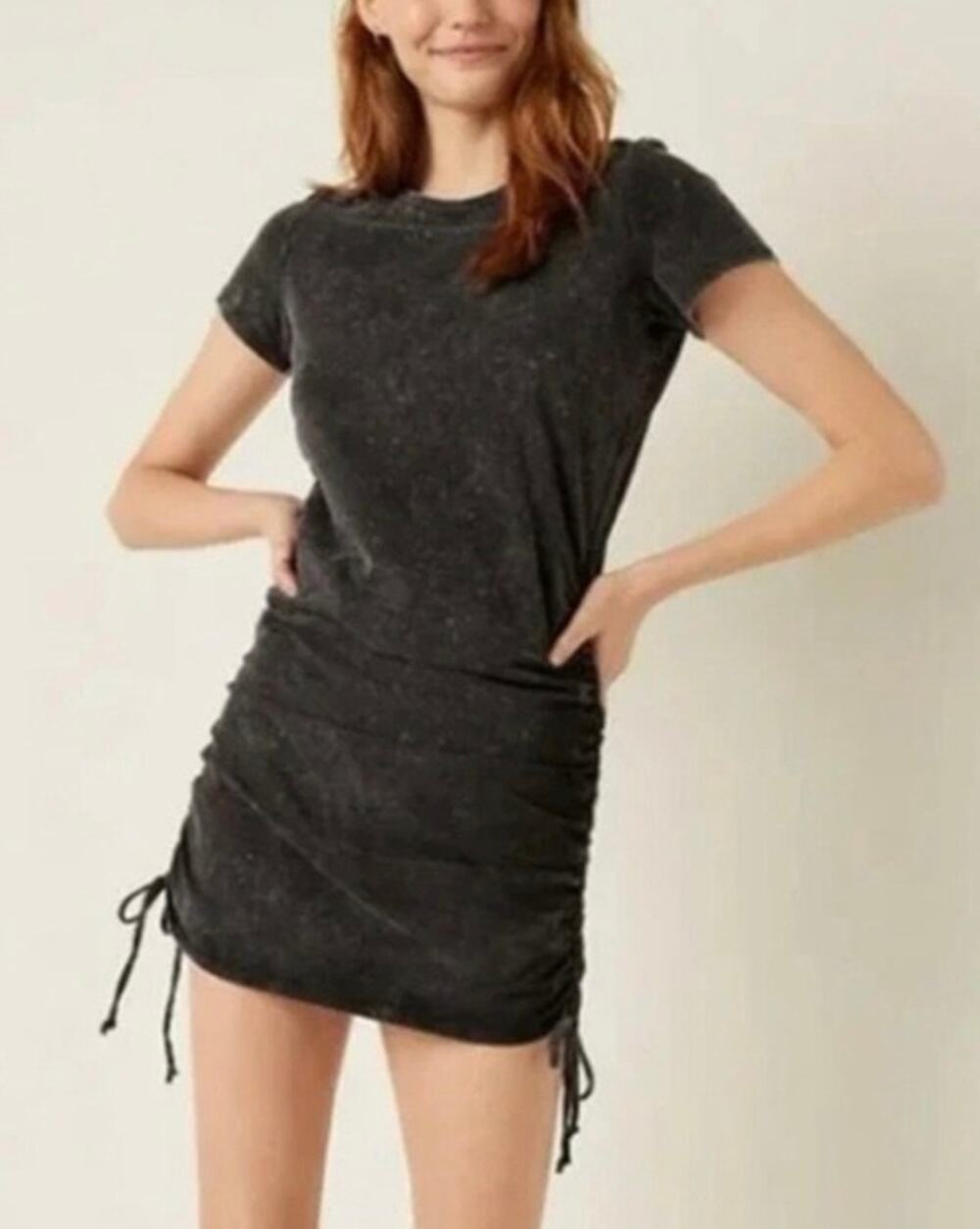 NWT PINK VS Gray Acid Wash Ruched Mini Dress Small Cinch Side Short Sleeve